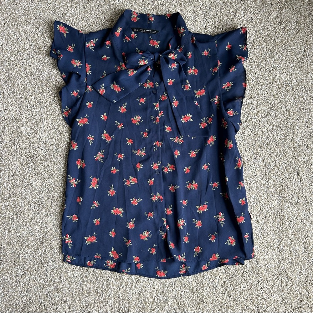 Zara Floral Navy Top + Bow Detail